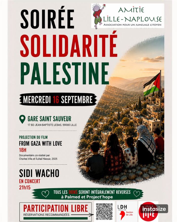 Affiche — SOIRÉE de SOLIDARITÉ avec la PALESTINE : cinéma, concert