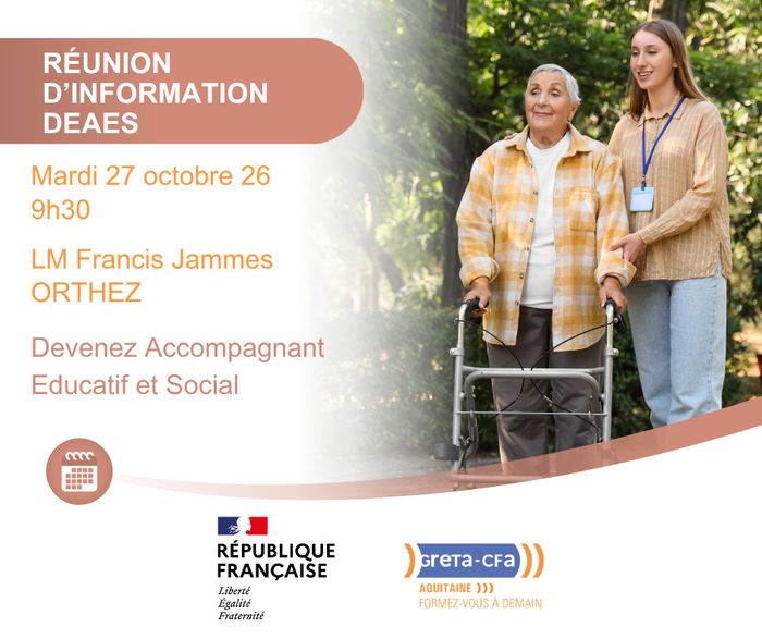 Dernière opportunité avant la rentrée du 1er décembre ! Découvrez le DE AES et les débouchés dans le secteur médico-social à Orthez avec le GRETA-CFA Aquitaine.