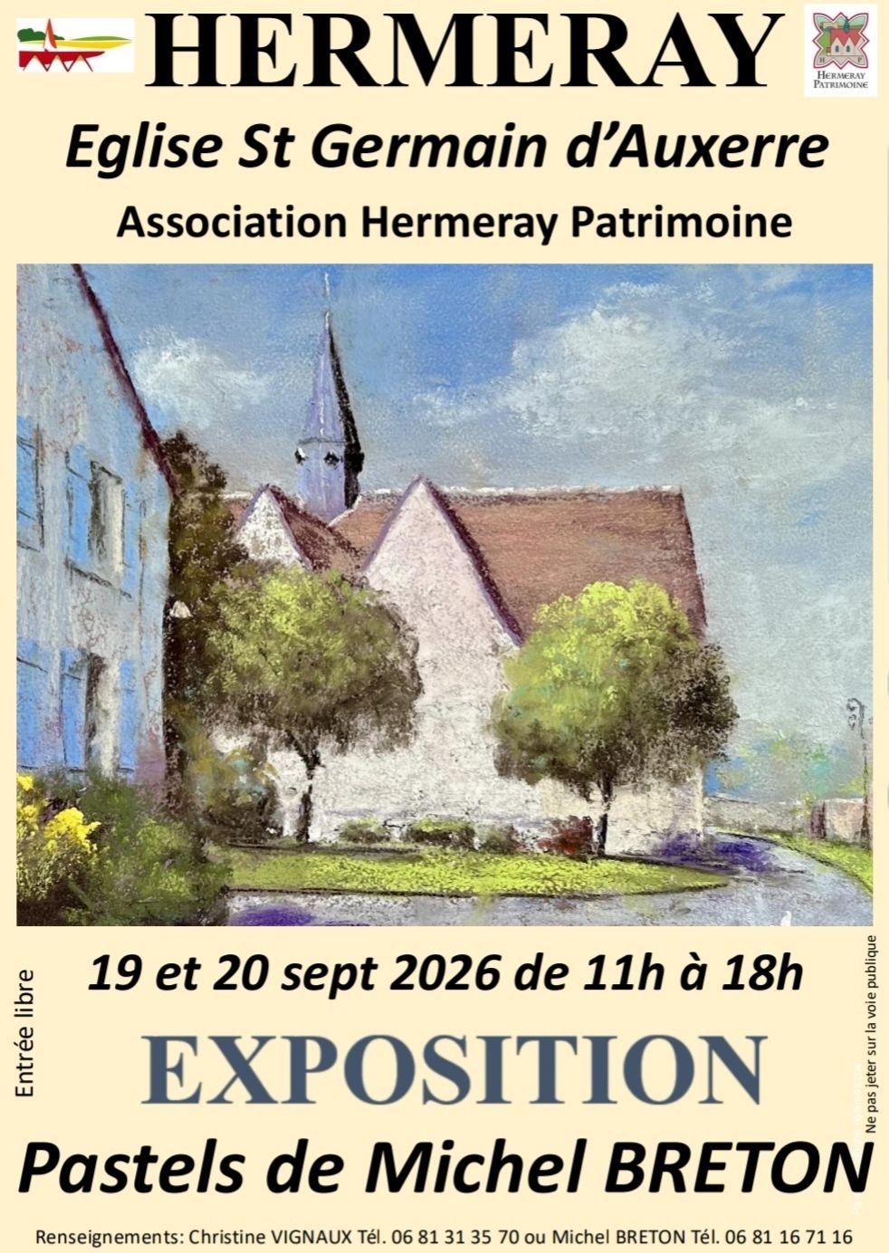 Exposition dans l’église médiévale d'Hermeray : Pastels de Michel Breton réalisés sur le patrimoine du village