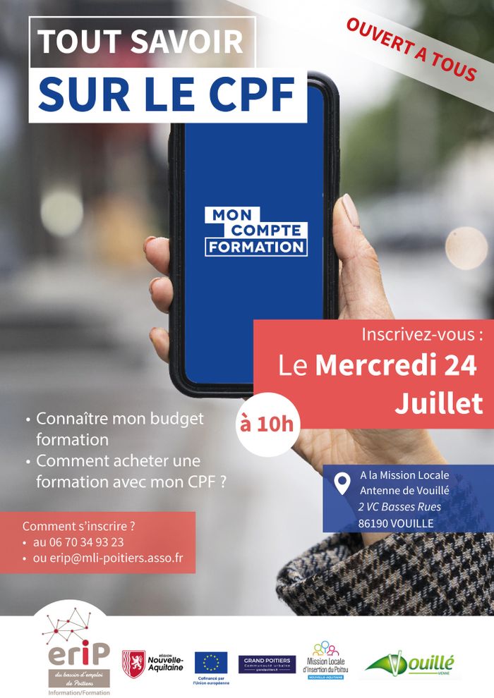 L’ERIP propose un atelier “Tout savoir sur le CPF” (Compte Personnel de Formation), le Mercredi 24 juillet à 10h à Vouillé.