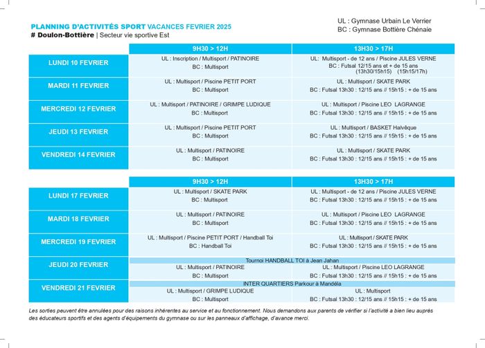 PROGRAMME ANIMATION SPORTIVE VACANCES FEVRIER