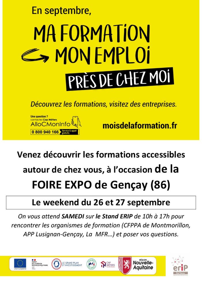 À l'occasion de la FOIRE EXPO de Gençay, venez découvrir les formations accessibles, stand ERIP avec plusieurs organismes de formation présents