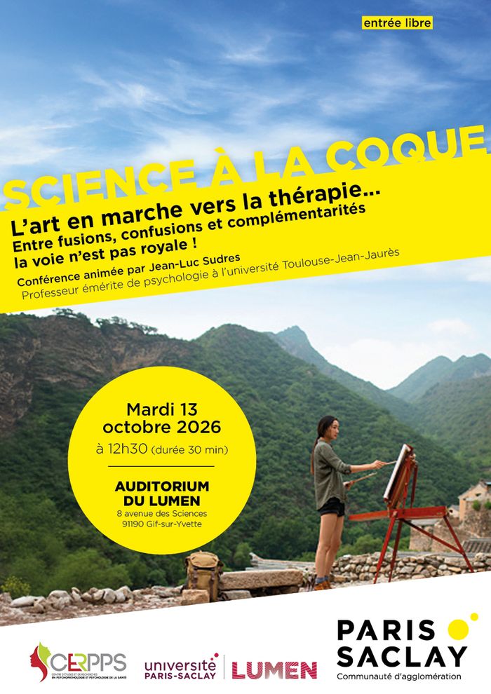 Science à la coque est une série de mini-conférences en partenariat avec la Communauté d'agglomération Paris-Saclay. Conférence sur l'art-thérapie, par le Pr. Jean-Luc Sudres.