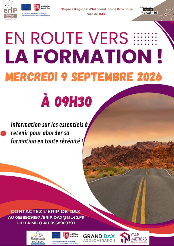 Participez à l’atelier “En route vers la formation”. L’ERIP et la Mission locale vous proposent de vous guider dans le choix de votre formation, le financement et les options de rémunération.