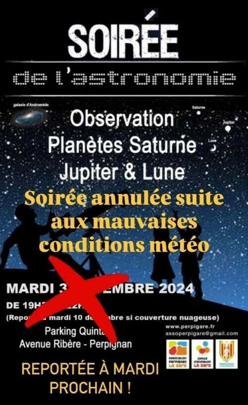 Soirée de l'Astronomie - report du 3/12 au 10/12