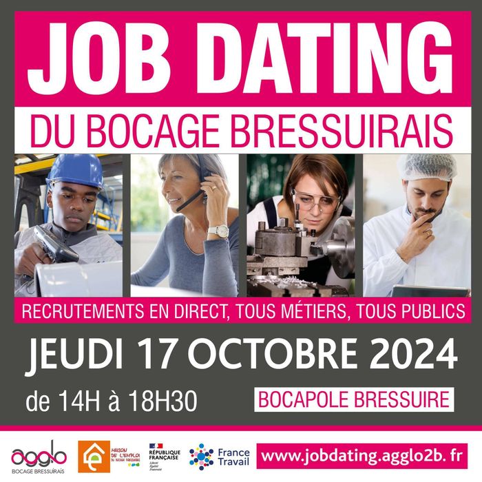 L’Agglo2B, la maison de l’emploi et France Travail organisent un job Dating en Bocage Bressuirais le jeudi 17 octobre 2024 de 14h à 18h30 à Bocapole Bressuire.