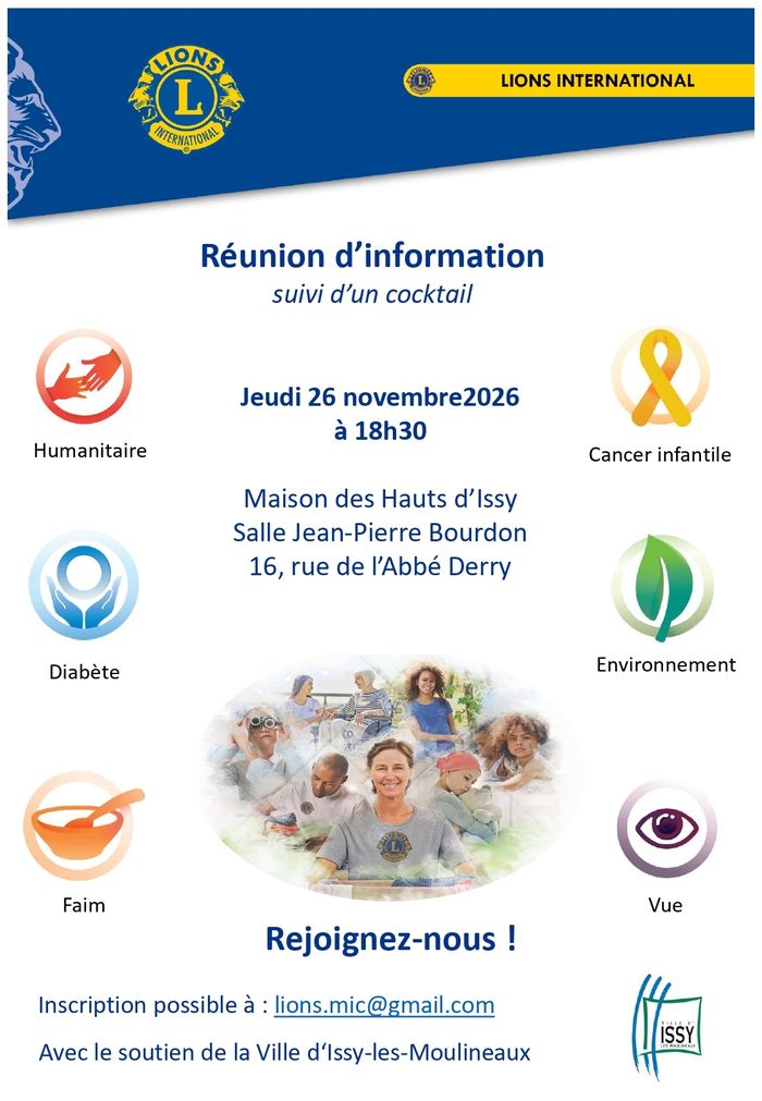 Le Lions Club organise une réunion d'information le jeudi 26 novembre 2026 à 18h30 en salle Jean-Pierre Bourdon à la Maison des Hauts d'Issy.
