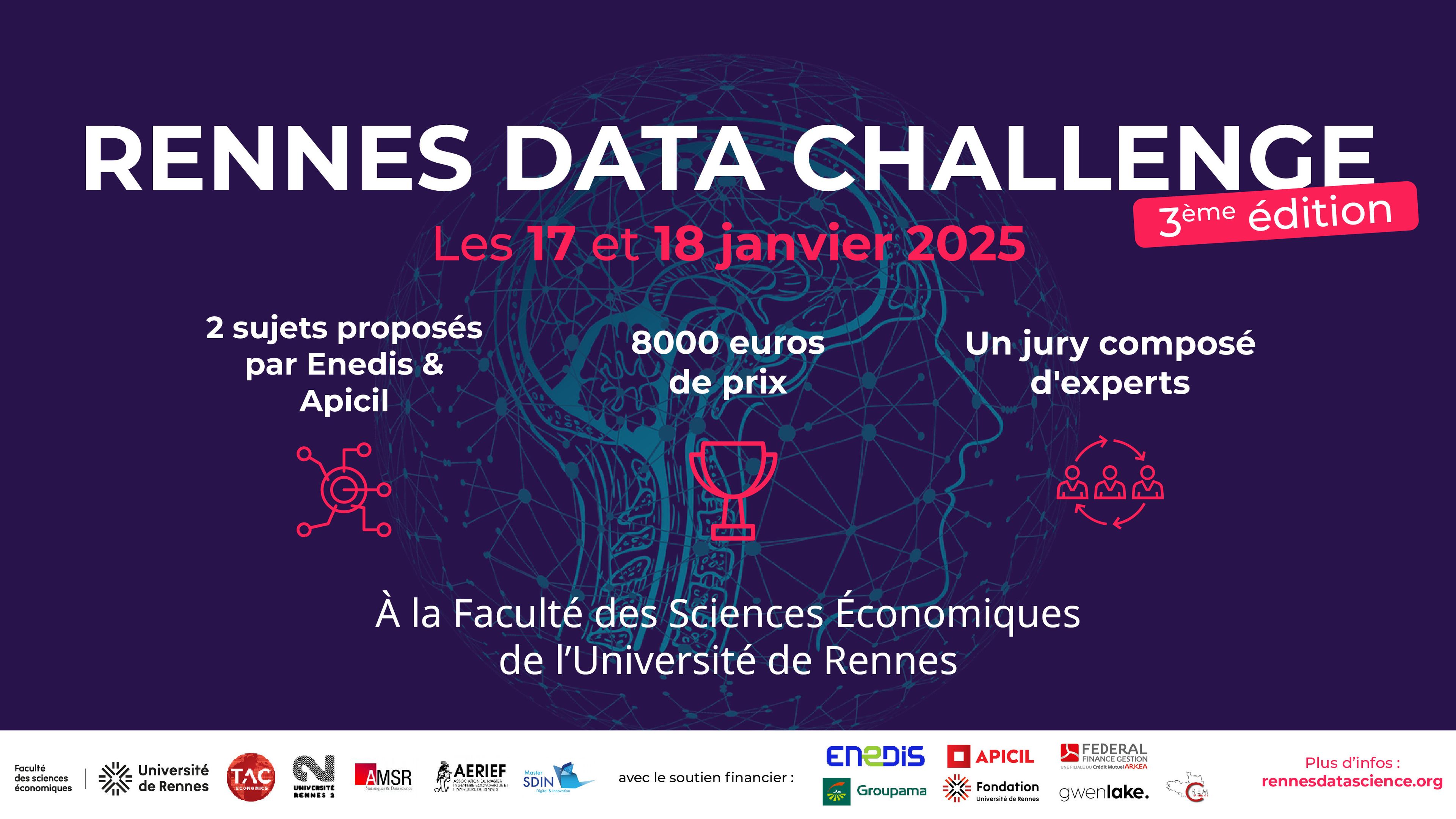 Le Rennes Data Challenge revient pour sa 3ᵉ édition les 17 et 18 janvier 2025, à Rennes.