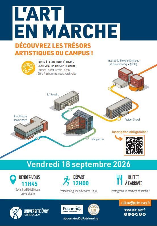 À l'occasion des Journées européennes du patrimoine, l'Université Évry Paris-Saclay vous invite à une balade culturelle inédite à travers ses bâtiments et espaces de vie.