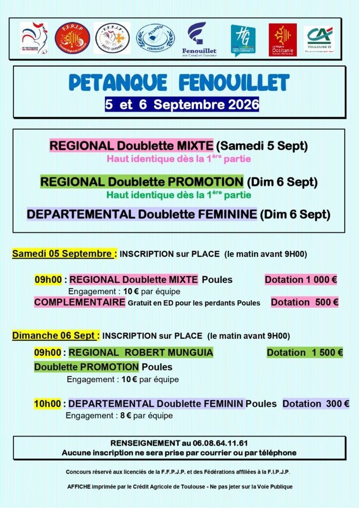 Régional doublette mixte et départemental doublette féminine - Les 5 et 6 septembre