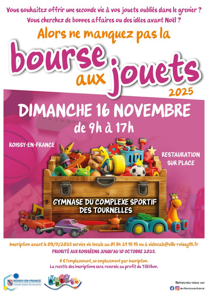 La Ville de Roissy-en-France organise sa bourse aux jouets le dimanche 16 novembre 2025, de 9h à 17h, au gymnase du complexe sportif des Tournelles.