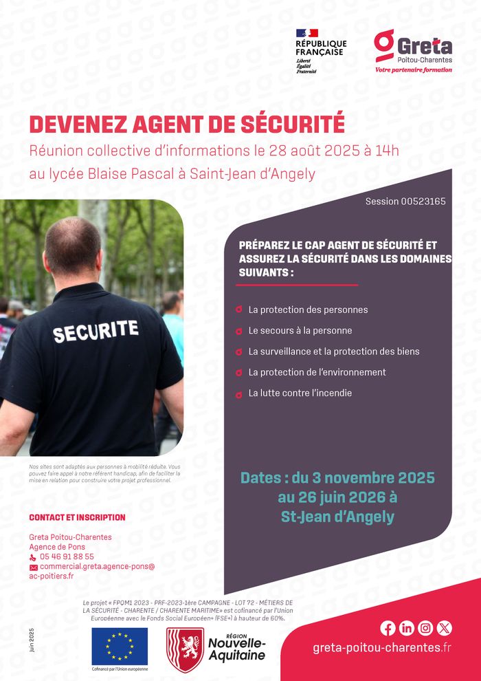 Le Greta POITOU-CHARENTES agence de Pons organise une réunion collective d'informations pour présenter la formation CAP Agent de Sécurité
