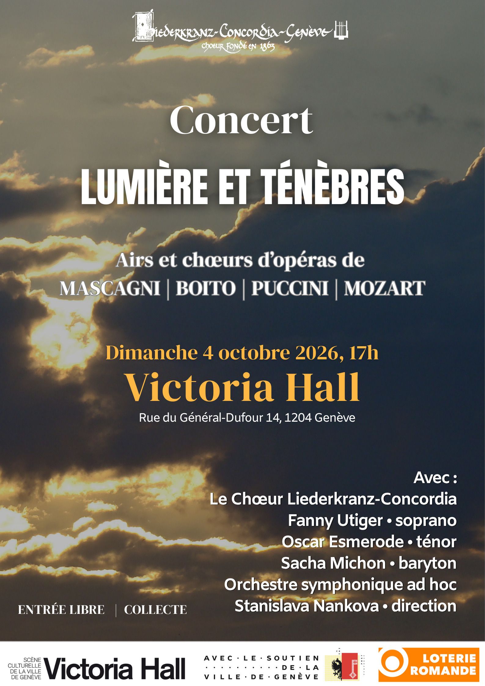 Chœur Liederkranz-Concordia; orchestre ad hoc; Fanny Utiger, soprano; Oscar Esmerode, ténor; Sacha Michon, baryton; Stanislava Nankova, direction