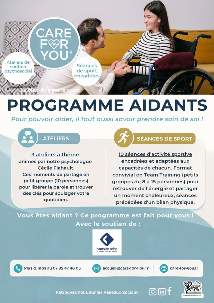 On aide bien quelqu'un quand on arrive à être en forme soi même, quand on prend soin de soi...3 ateliers de soutien et des séances d'activité physique, à votre rythme,  un vrai temps pour l'aidant(e).