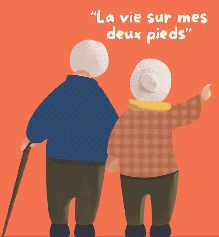 illustration d'un couple de personnes âgées vu de dos, l'un des personnage marchant avec une cane, l'autre portant un canotier