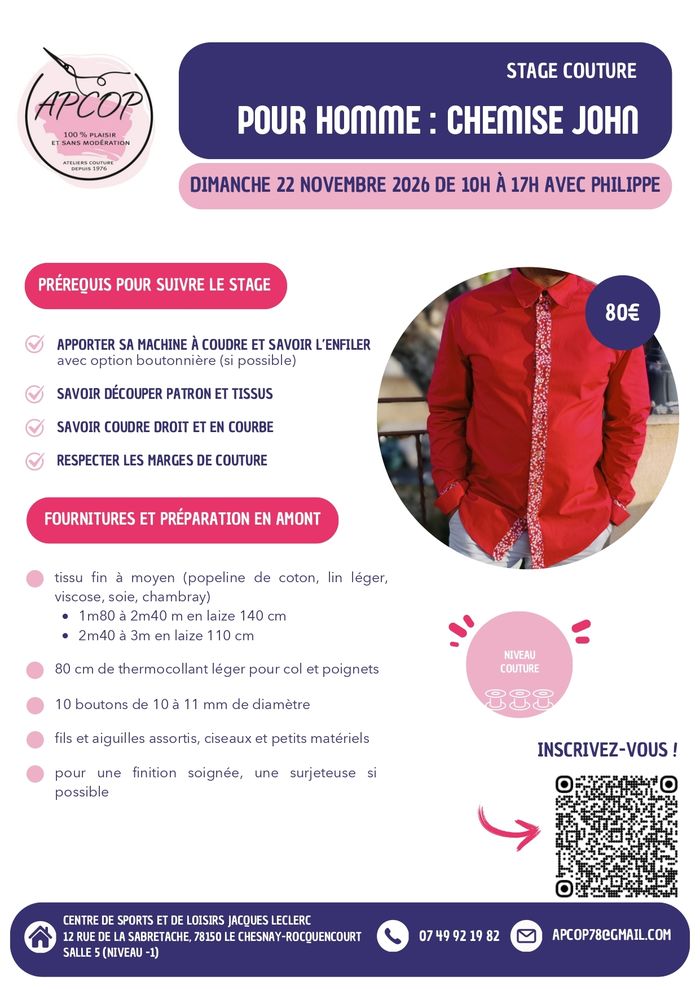 Stage de couture : " Pour Homme : Chemise John "