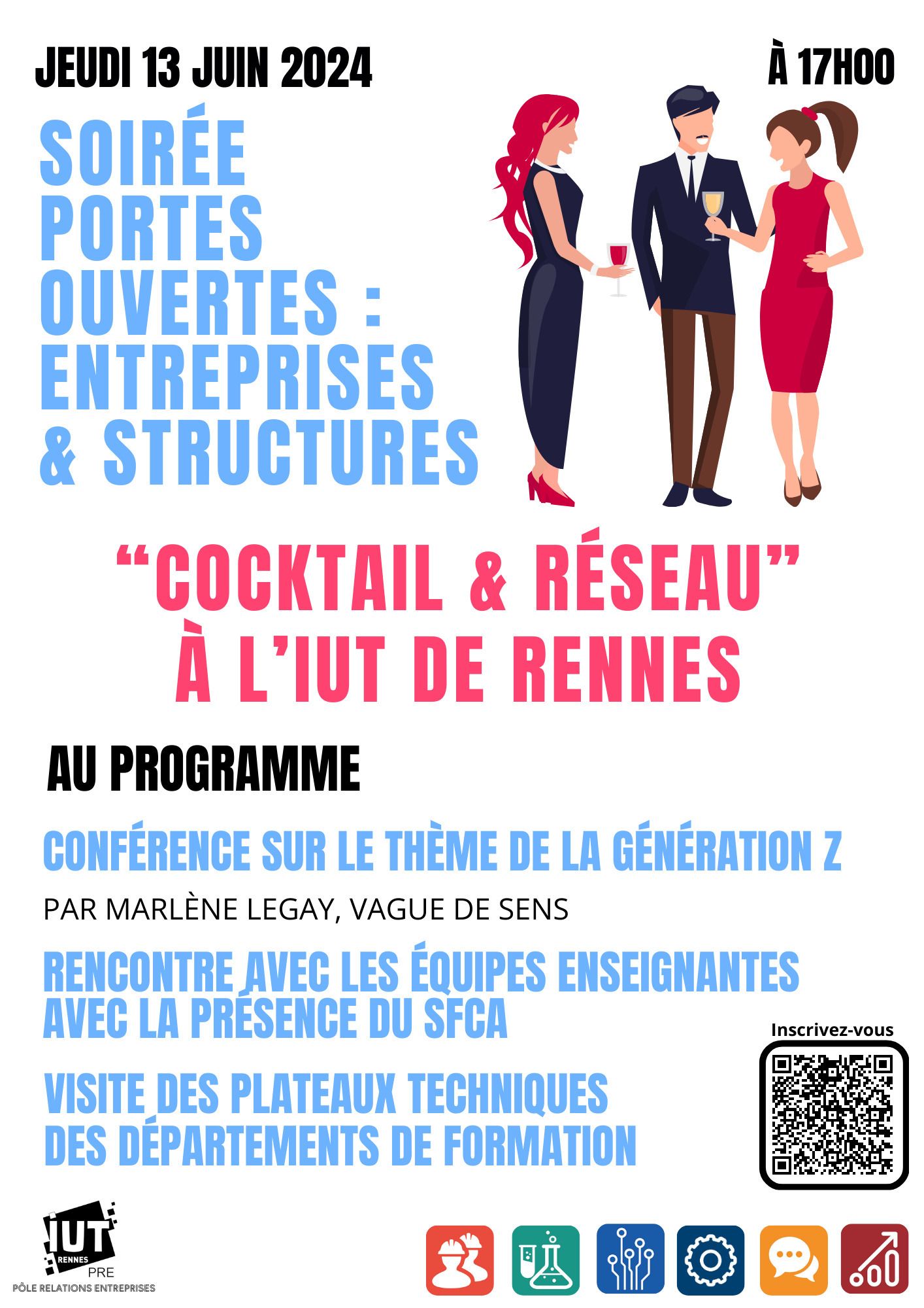 Vous êtes cordialement invitées à notre soirée d'échanges et de découvertes à l'IUT de Rennes le 13 juin 2024 à 17h00.