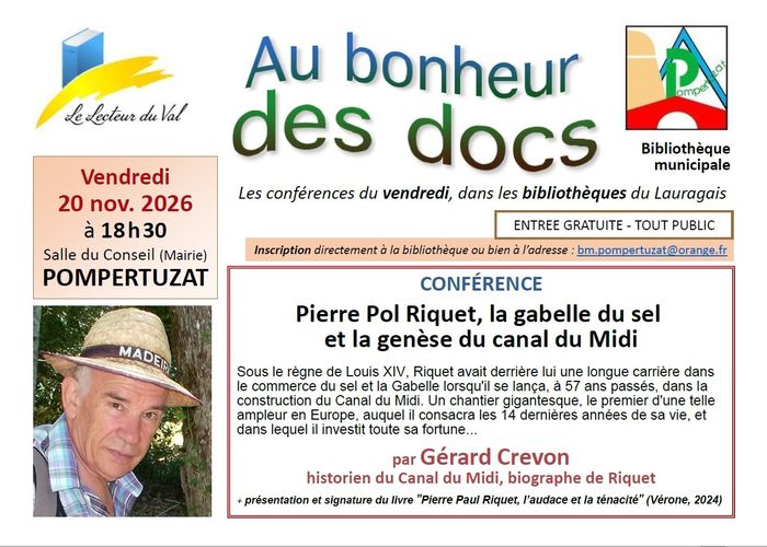 Conférence à Pompertuzat : "Pierre Paul Riquet, la gabelle du sel et la genèse du Canal du Midi", par Gérard Crevon
