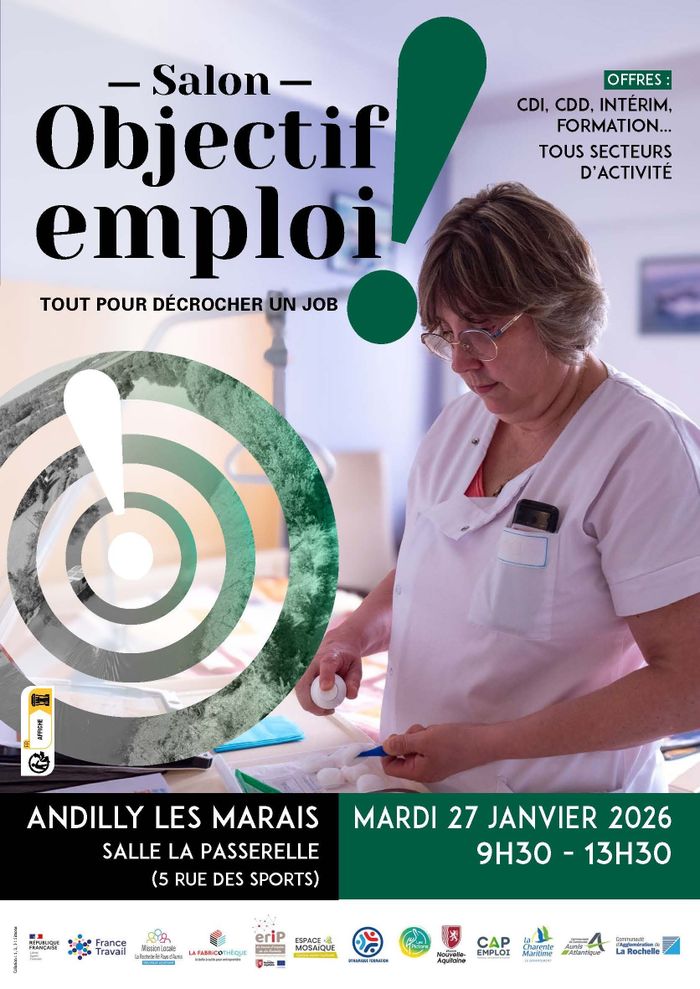 La Communauté de Communes Aunis Atlantique organise le 5e salon « Objectif emploi ! » le mardi 27 janvier 2026 à la salle polyvalente « La Passerelle », de 9 h 30 à 13 h 30.