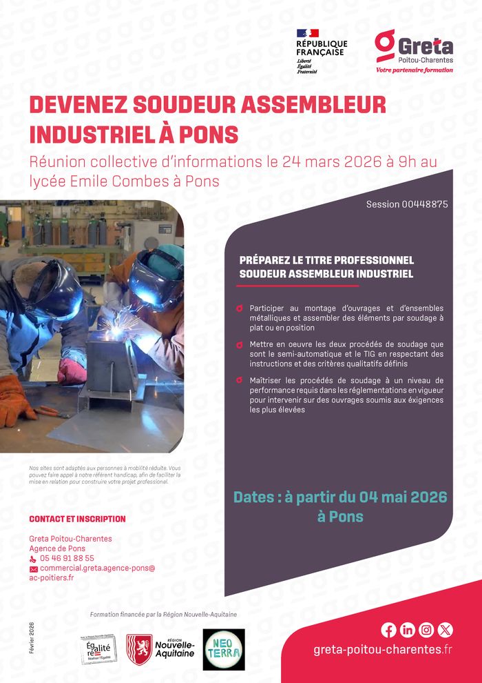 Réunion collective d'informations le 24 mars à 9h à Pons  pour découvrir le métier Soudeur Industriel Assembleur