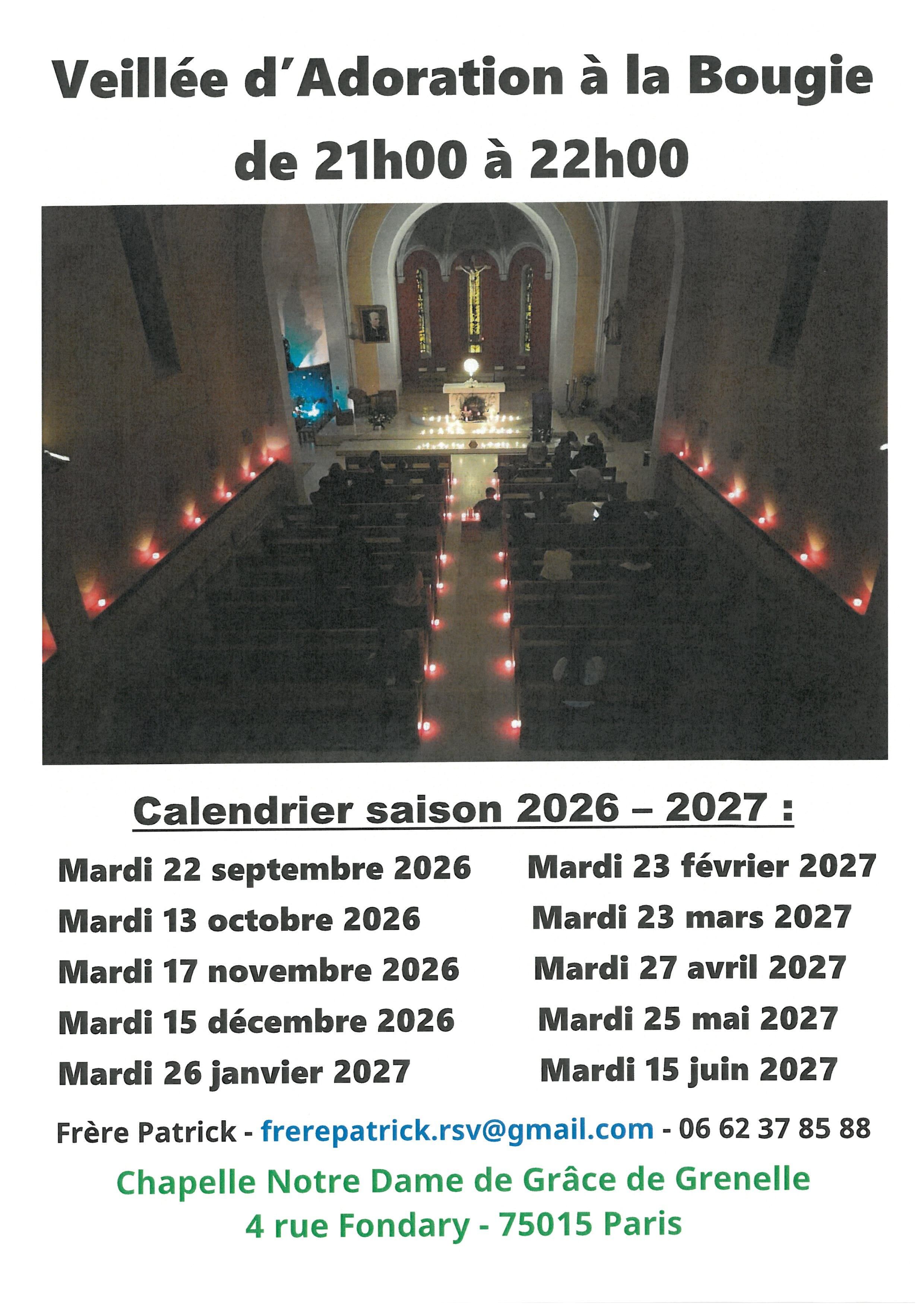 Veillée d'Adoration à la Bougie à ND de Grâce de Grenelle 75015 Calendrier 2026 - 2027