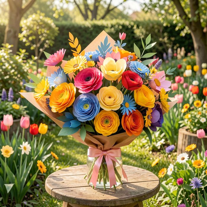 Un atelier créatif pour célébrer le printemps où les enfants réalisent un bouquet de fleurs en papier plein de couleurs et de fantaisie.