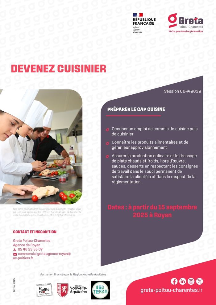 Le GRETA POITOU-CHARENTES agence de Royan organise une réunion collective d'informations pour présenter la formation CAP Cuisine le 5 septembre de 10h à 12h.