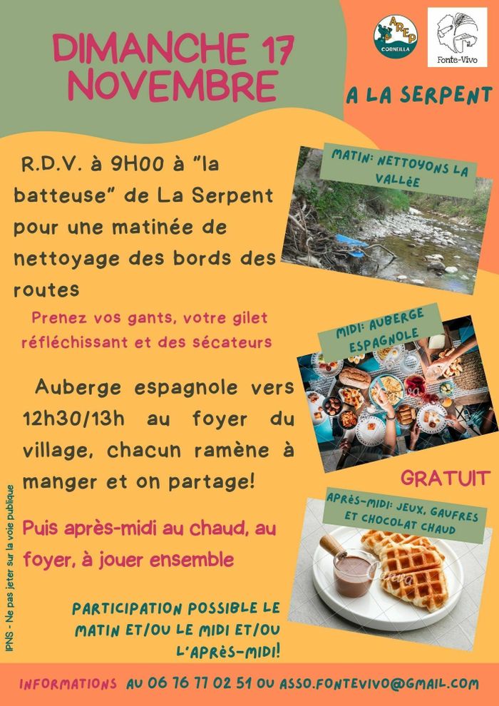 Nettoyage bords de routes + jeux dimanche 17 novembre à La Serpent