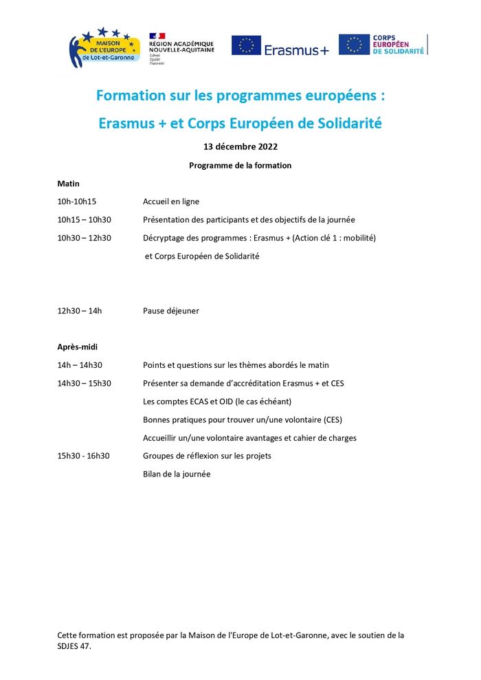 Formation sur les programmes européens : Erasmus + et Corps Européen de Solidarité