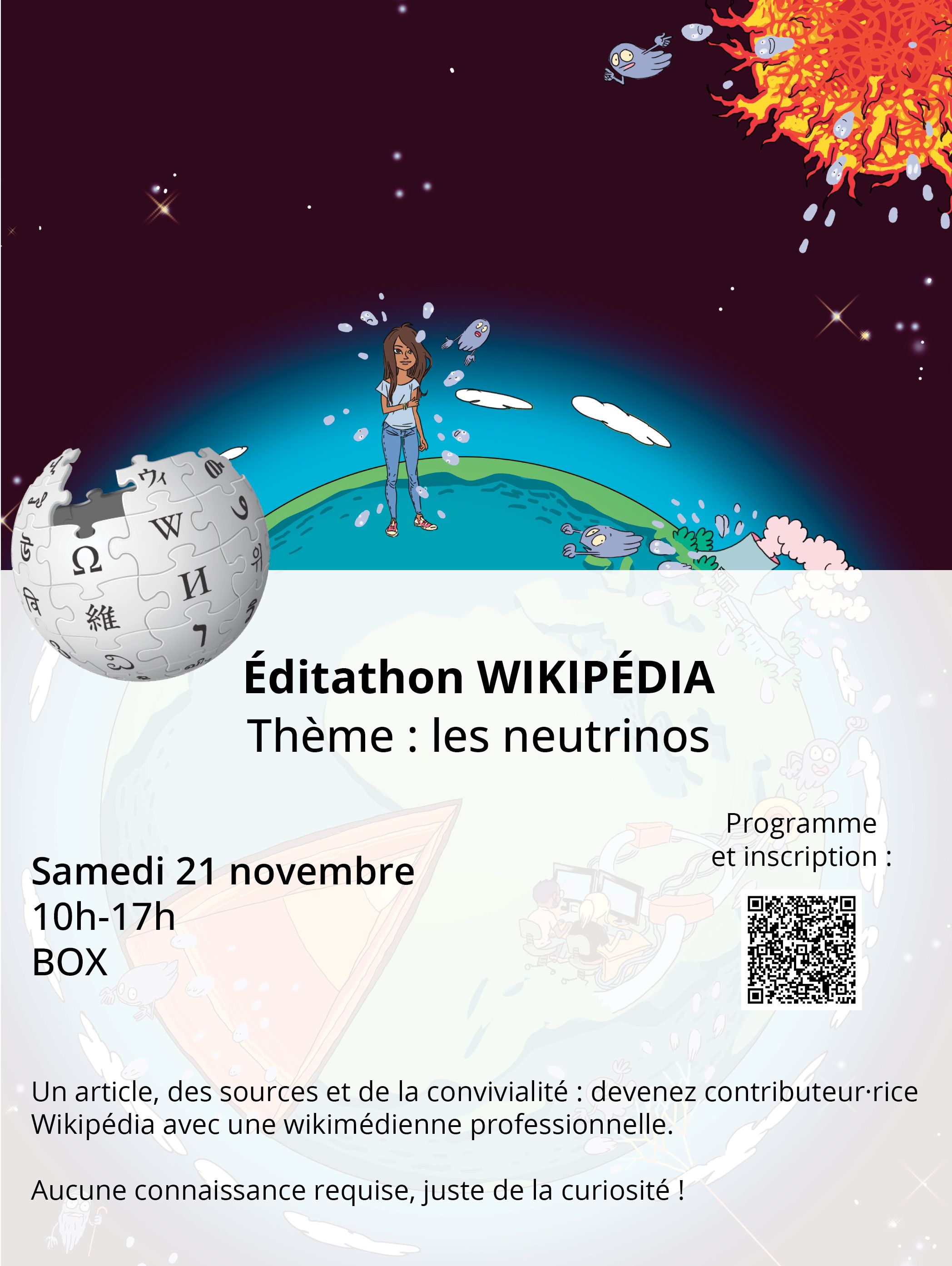 Éditathon Wikipédia, sur le thème des neutrinos. 21/11/26 10h-17h