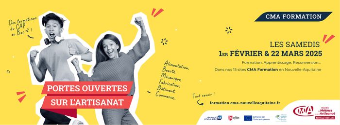 Venez explorer les opportunités futures de votre carrière lors des journées portes ouvertes de CMA-Formation, le samedi 1er février de 9h à 12h et le samedi 22 mars de 9h à 15h.