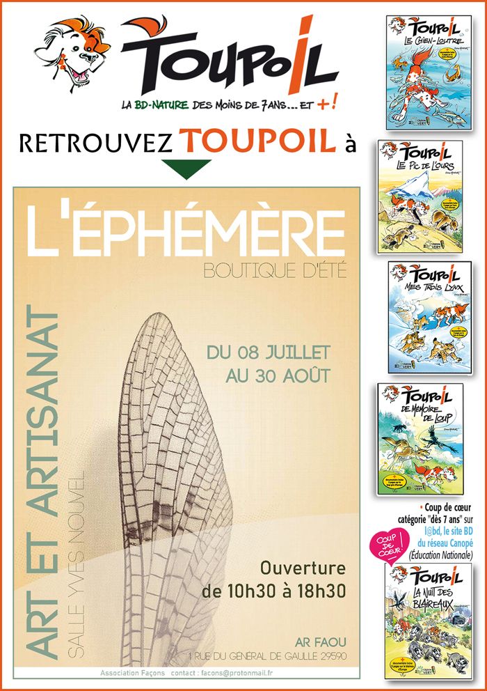 Retrouvez TOUPOIL, la BD-Nature des enfants, en expo-vente et en dédicace à la boutique L'ÉPHÉMÈRE au Faou, du 8 juillet au 30 août 2026.