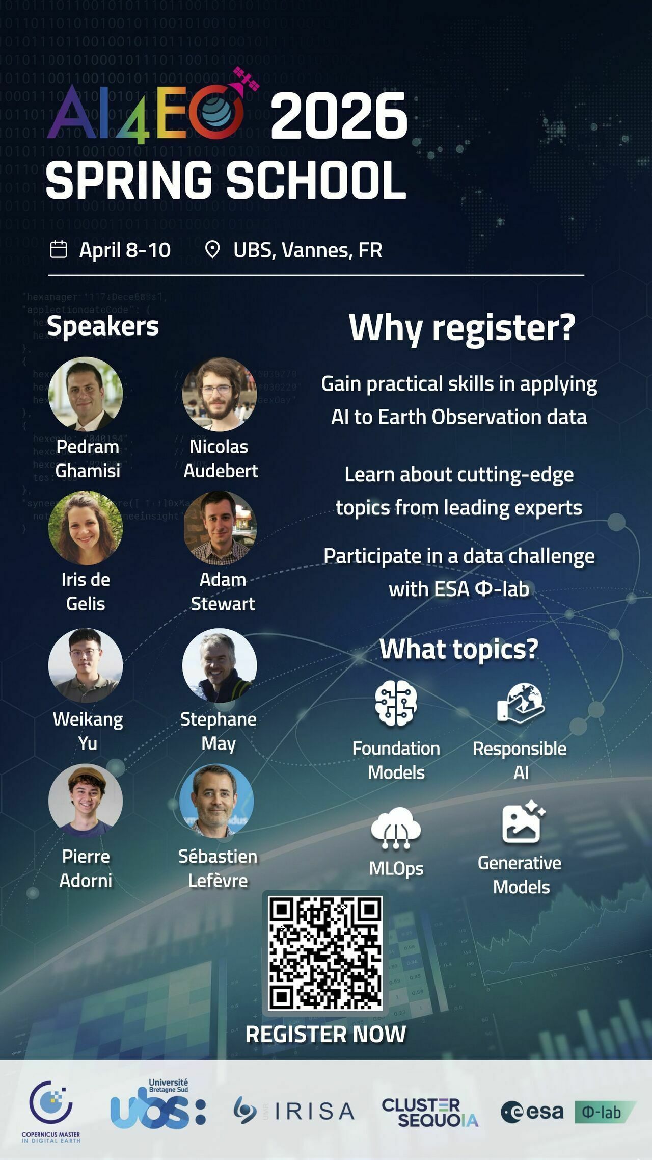 Découvrez la Spring School AI4EO 2026 à Vannes (8-10 avril) : 3 jours de formations, ateliers pratiques et projets data avec l’ESA Phi-lab. Gratuit, sur sélection. Inscrivez-vous avant le 3 avril !