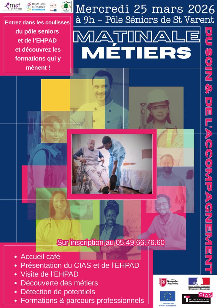 Découvrez les métiers et formations du soin au Pôle Séniors et à l’EHPAD de St Varent le 25 mars 2026 à 9h. Visite et détection de potentiels incluses