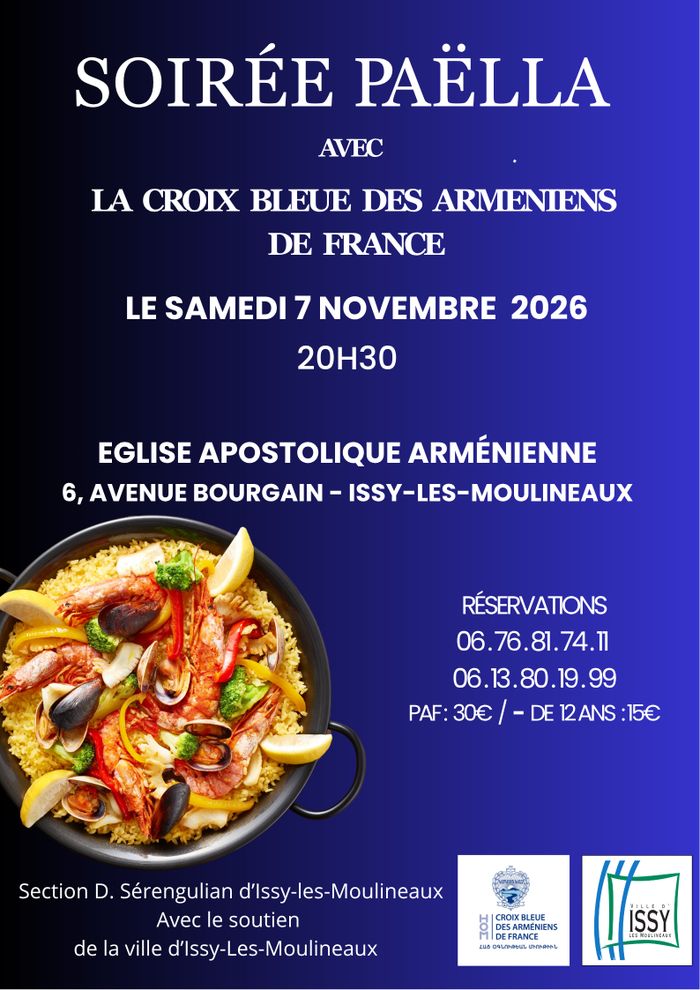 Soirée Paëlla avec la Croix Bleue des Arméniens de France, le samedi 7 novembre 2026 à 20h30