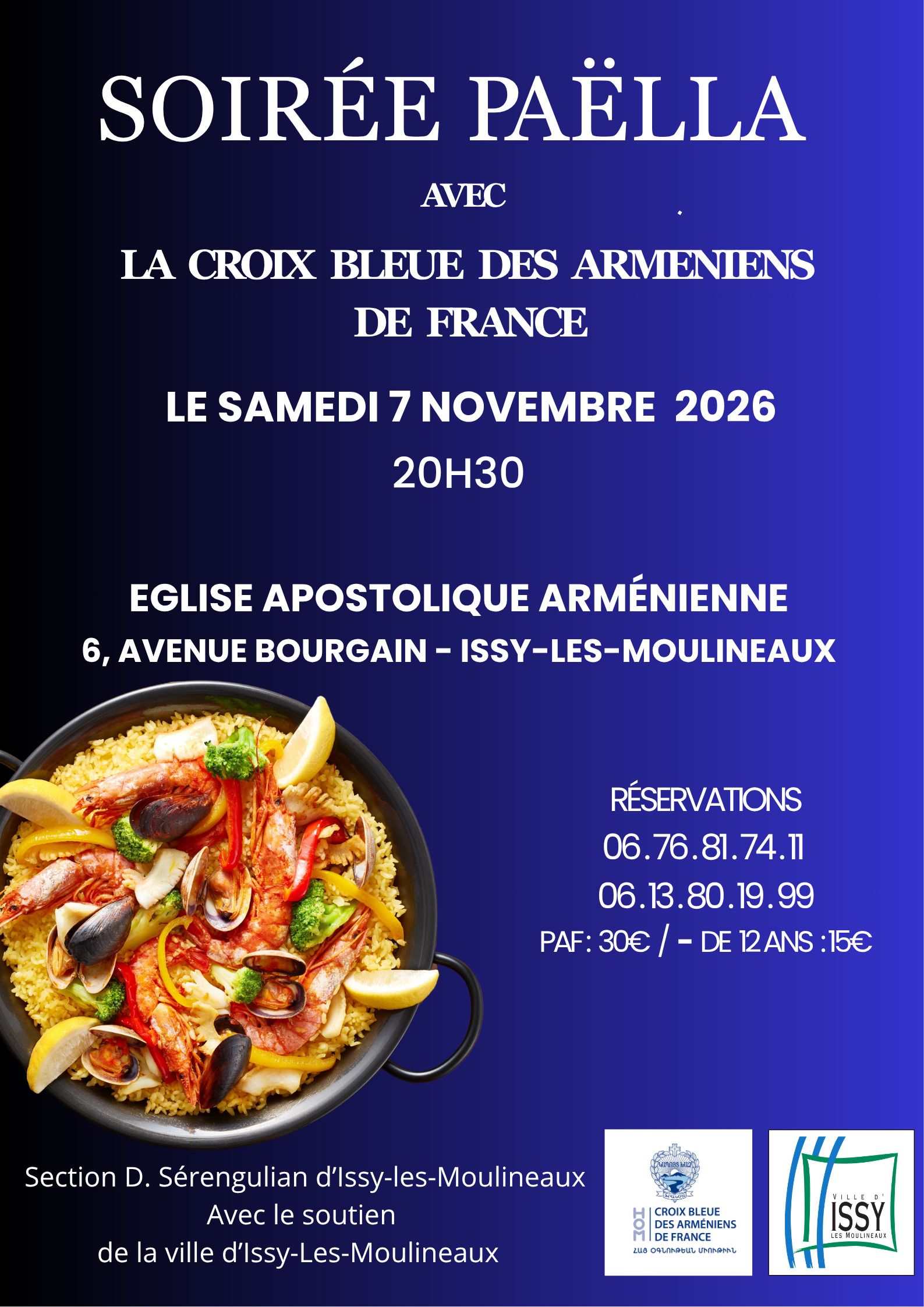 Soirée Paëlla avec la Croix Bleue des Arméniens de France, le samedi 7 novembre 2026 à 20h30