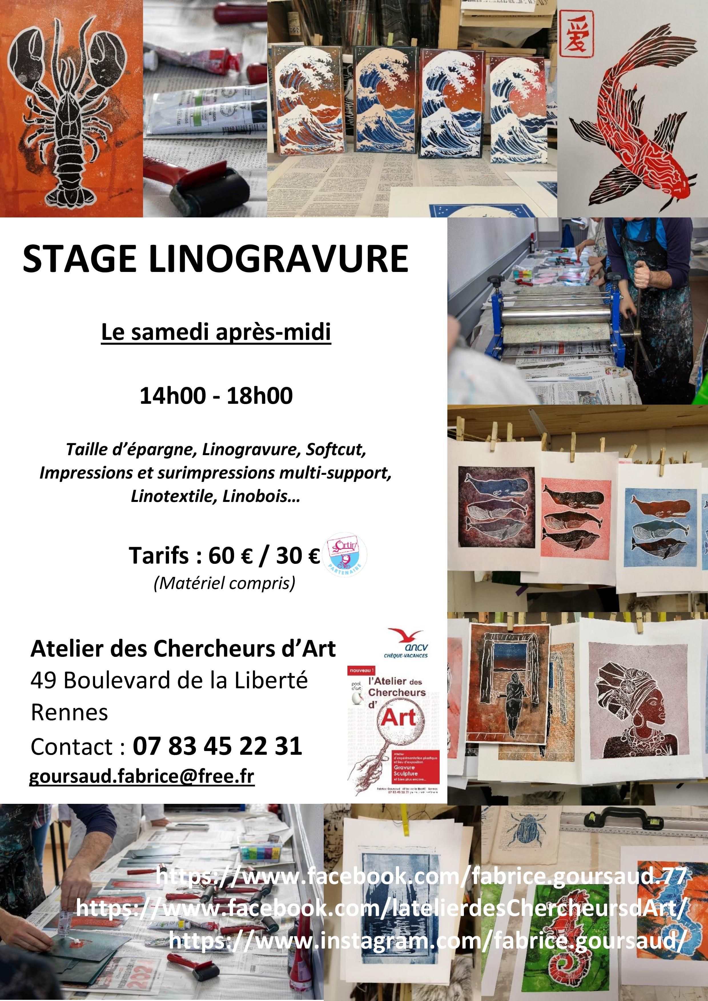 Stage linogravure à la demi-journée le samedi à l'Atelier des Chercheurs d'Art