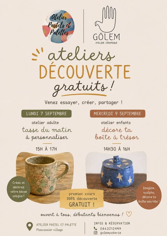 Cours découverte Poterie Adulte/enfant chez Atelier Pastels et Palettes