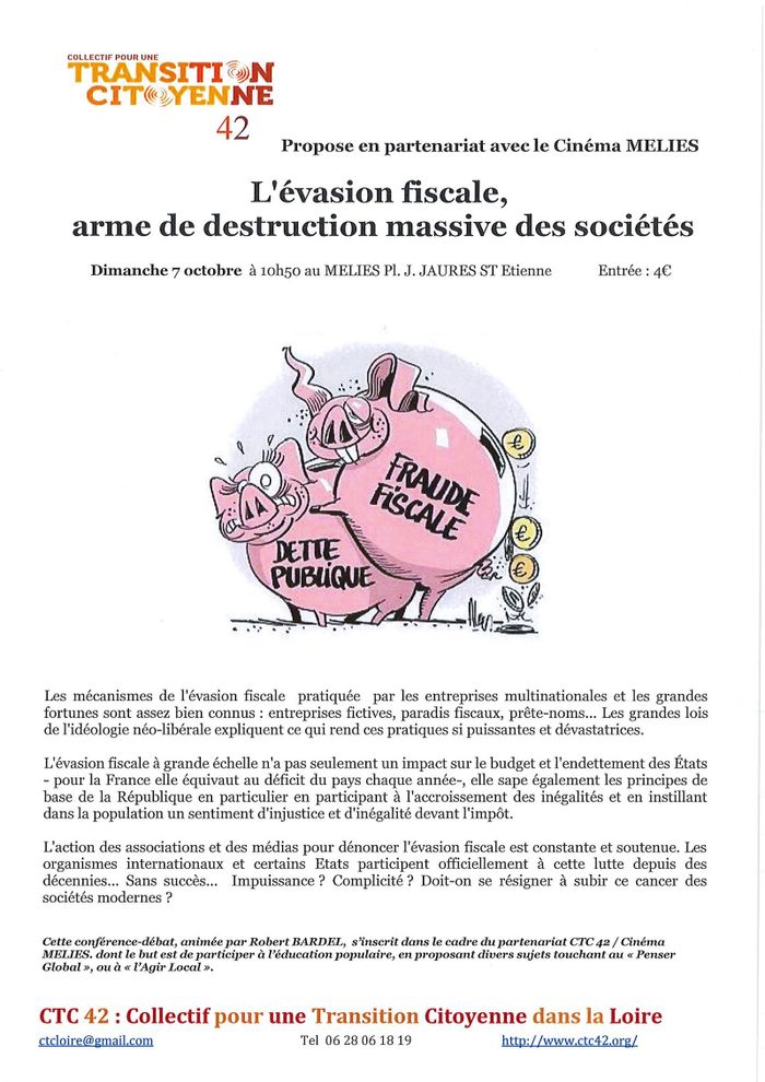 (conférence-débat) L'évasion fiscale, arme de destruction massive des sociétés, animée par Robert BARDEL