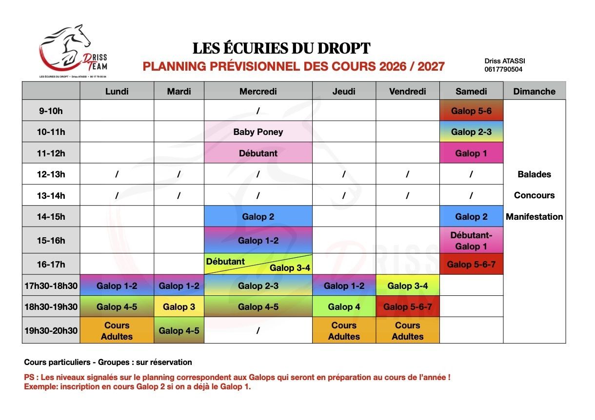 Planning des cours aux écuries du Dropt