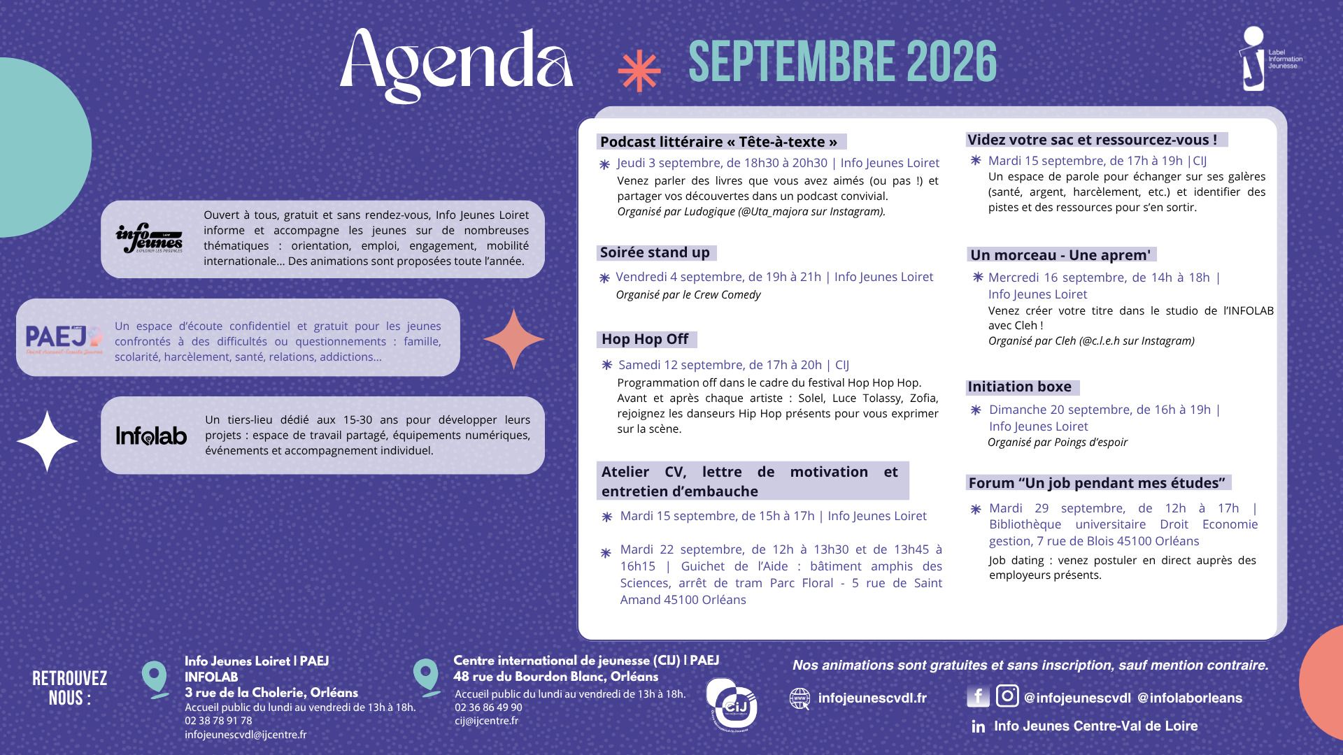 Agenda septembre 2026 - Info Jeunes Loiret / PAEJ