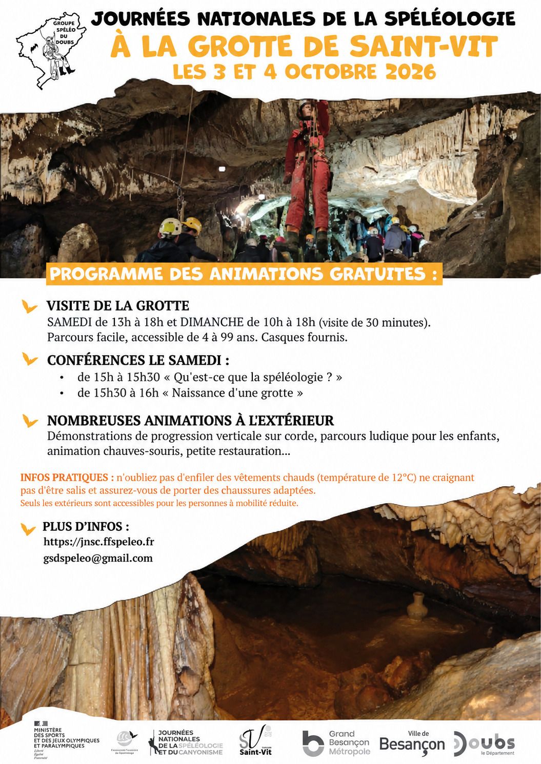 Journées Nationales de la Spéléologie et du canyonisme à la grotte urbaine de St Vit (Doubs)