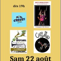 Prugnanes fait sa Fête!Spectacle de trapèze clownesque"Hey Piolette!",concerts avec "Les Witch'Caroll" et "Cinq Oreilles",Food Truck  "Oh..My Grèce!!"