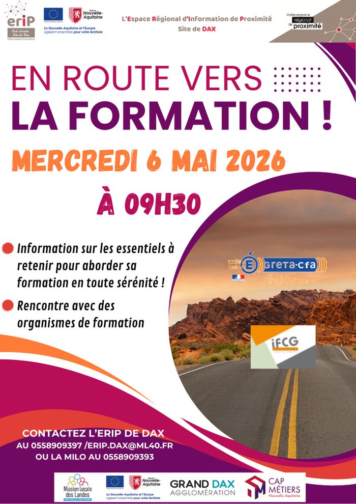 Participez à l’atelier “En route vers la formation”. L’ERIP et la Mission locale vous proposent de vous guider dans le choix de votre formation, le financement et les options de rémunération.