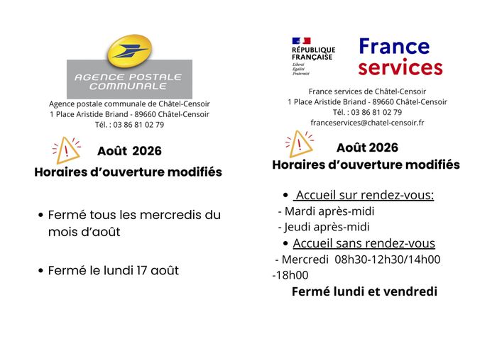 Horaires modifiées France Services et Agence postale communale