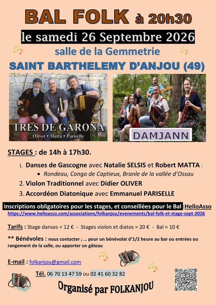 Affiche — Bal Folk, Stage de danses de Gascogne, accordéons,violons, flûte