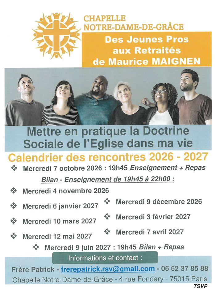 Formation Jeunes Pros à Retraités à ND de Grâce de Grenelle 75015 Calendrier 2026 - 2027