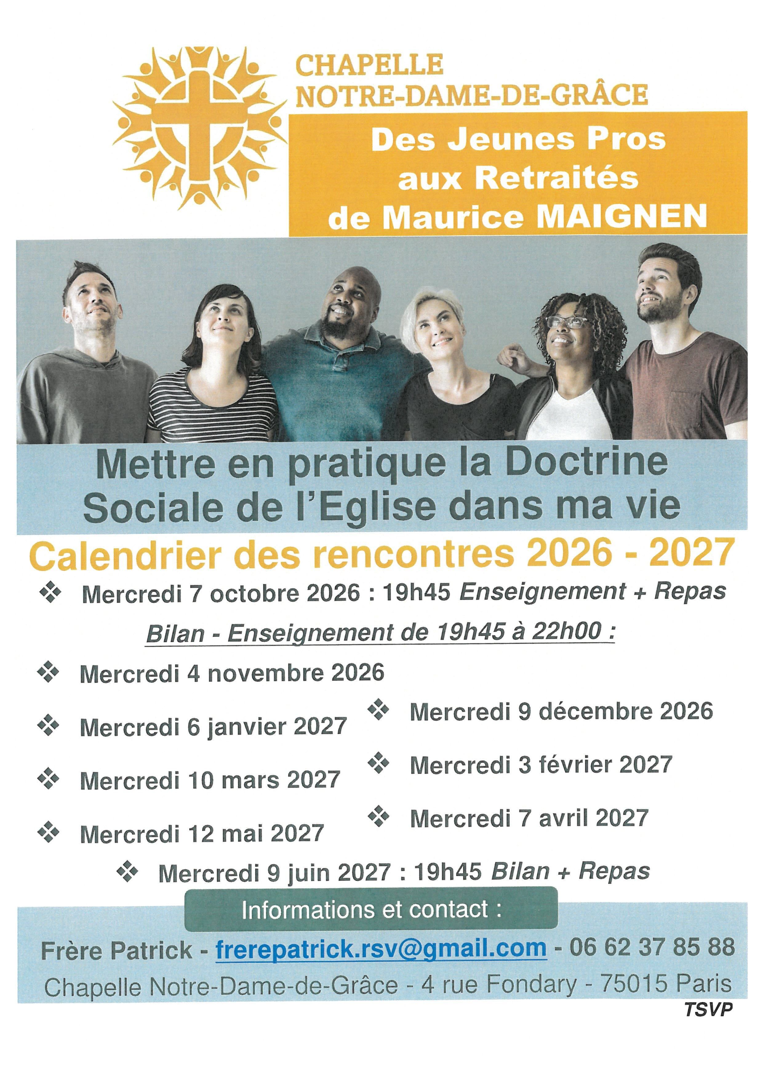 Formation Jeunes Pros à Retraités à ND de Grâce de Grenelle 75015 Calendrier 2026 - 2027