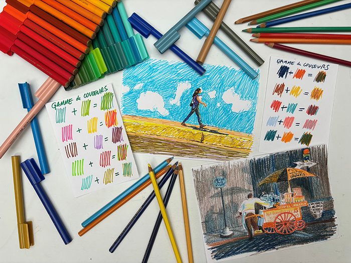 Réaliser une série de dessins en explorant les nombreuses nuances offertes par les feutres et les crayons de couleur