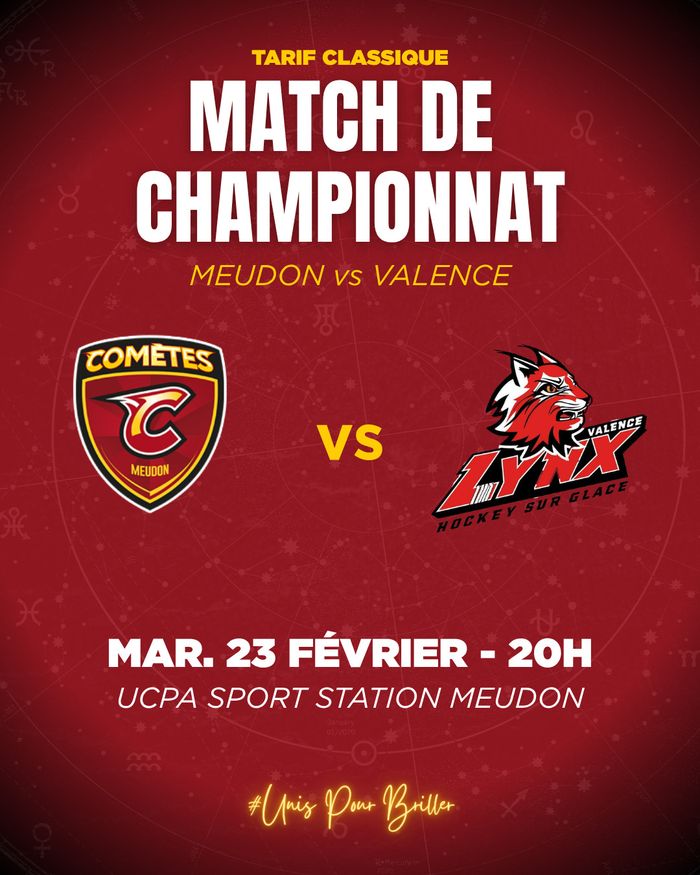 Mardi 23 février à 20h, les Comètes jouent contre Valence. On compte sur vous pour venir soutenir les Meudonnais à l'UCPA ! 🔥